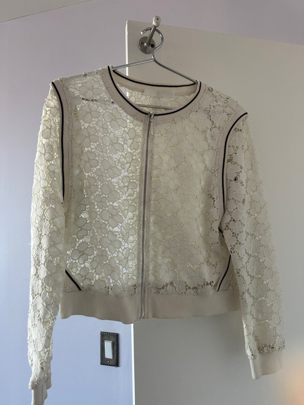 Cream Lace Bomber Jacket with Contrast Piping